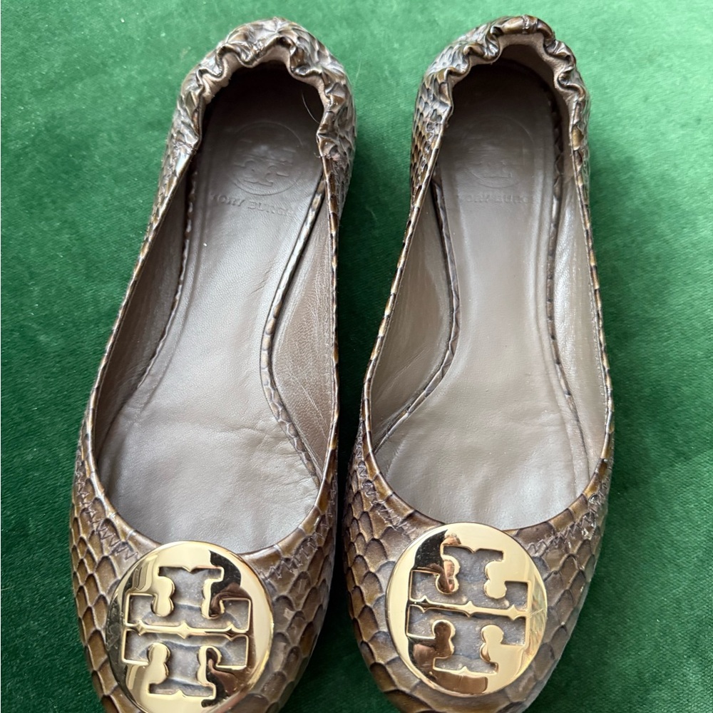 Tory Burch Snakeskin Pattern Flats with Gold Logo